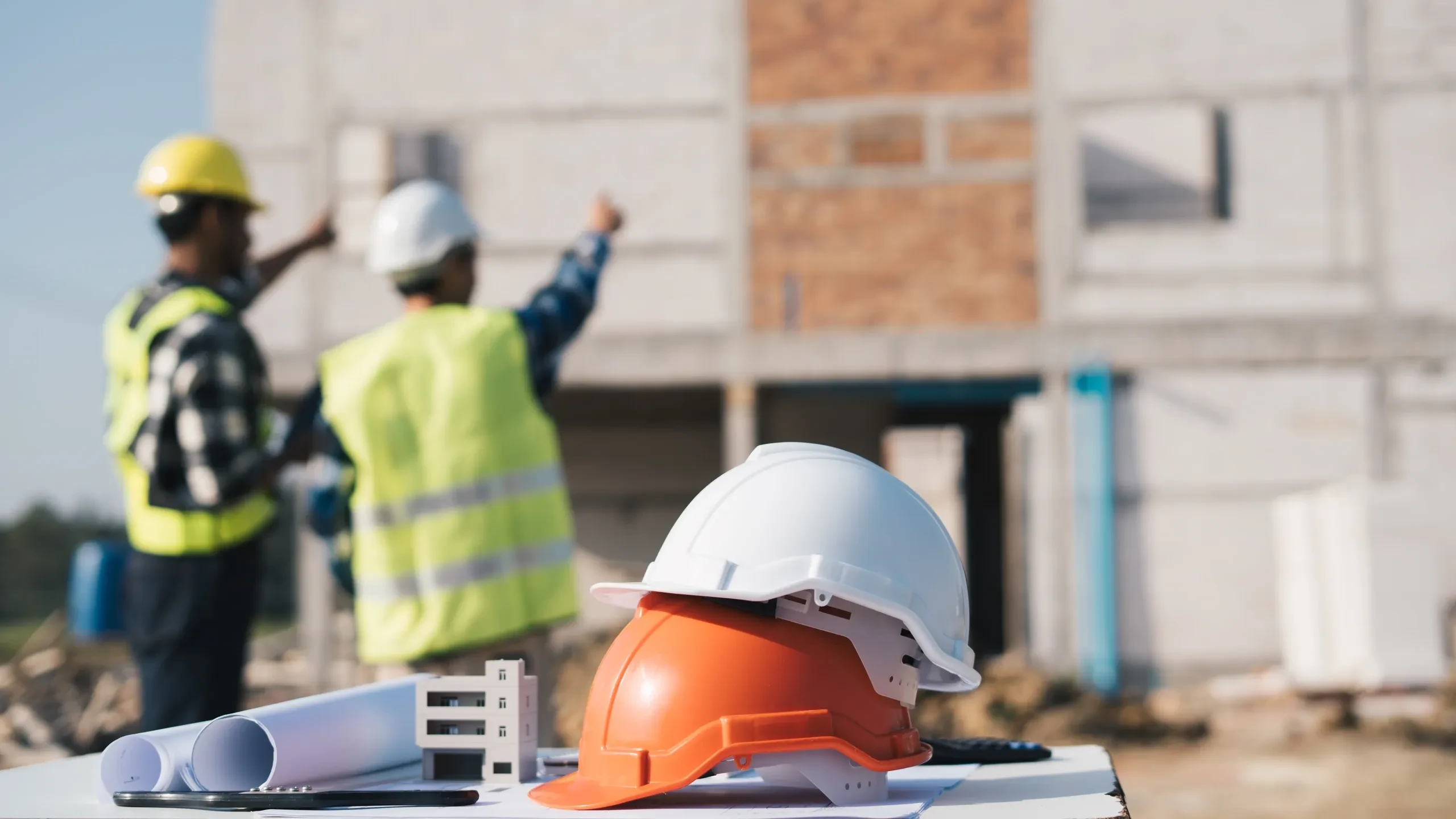 Construction workers reviewing blueprints on a job site