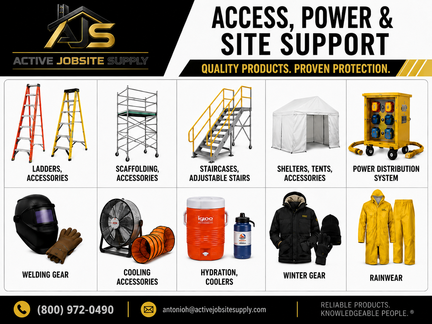 Access, Power & Site Support — Ladders, Scaffolding, Staircases, Shelters, Welding Gear, Hydration